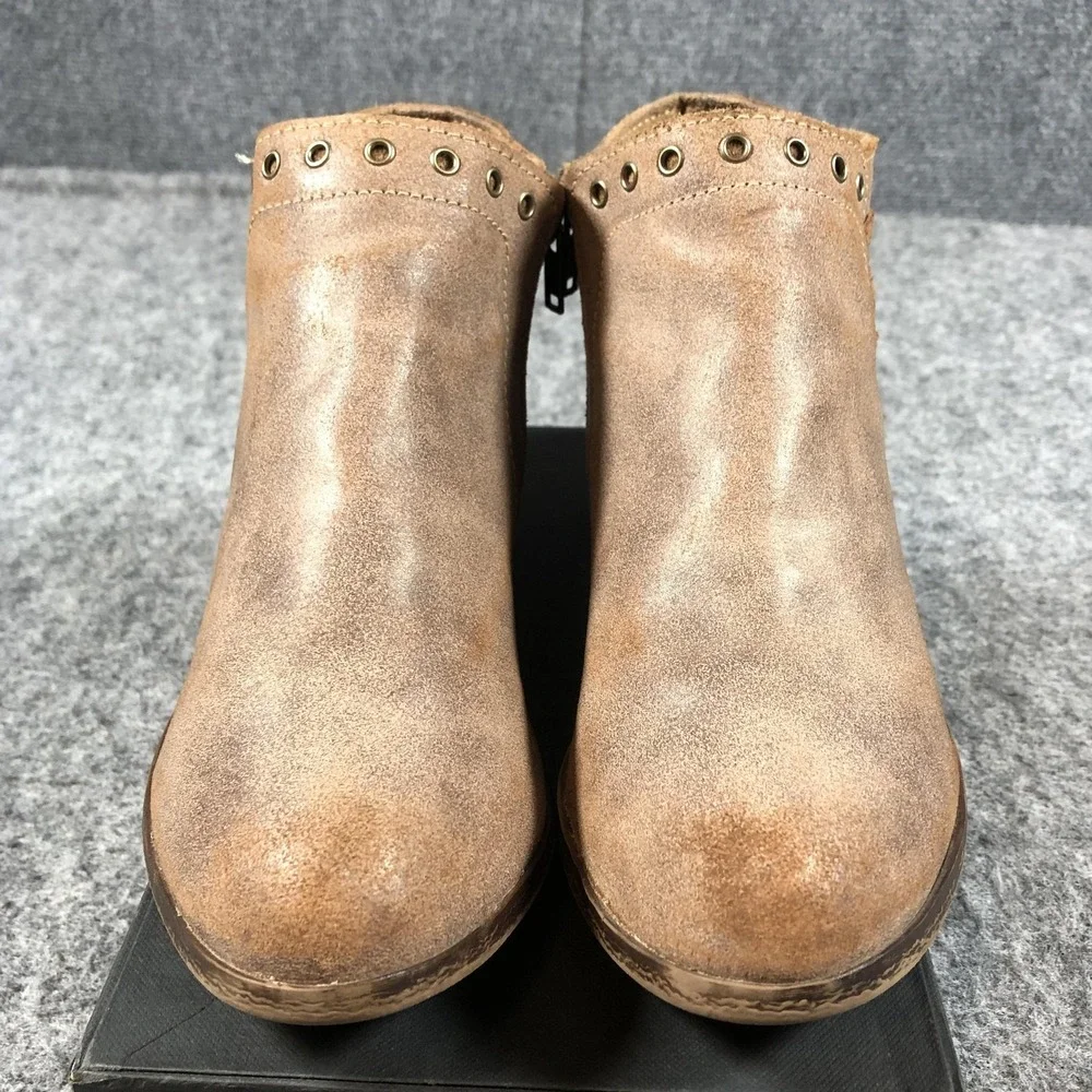 Minnetonka Womens 8‎ Brown Leather Studded Ankle Boots Zip Block Heel